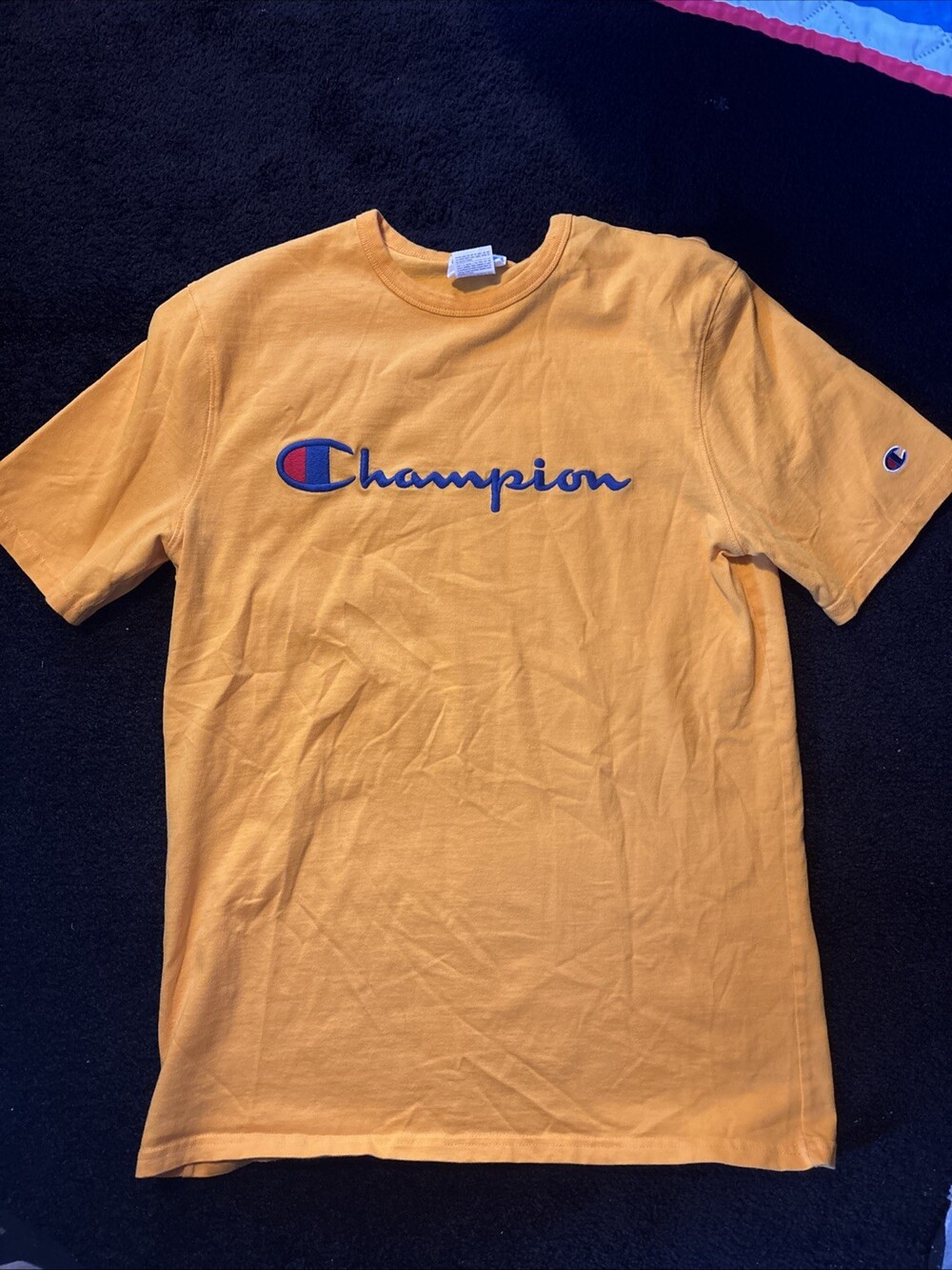 Vintage 90s Champion Script  Logo T-Shirt Embroidered Yellow Size Large